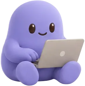 Het paarse Obbio-figuurtje werkt op een laptop